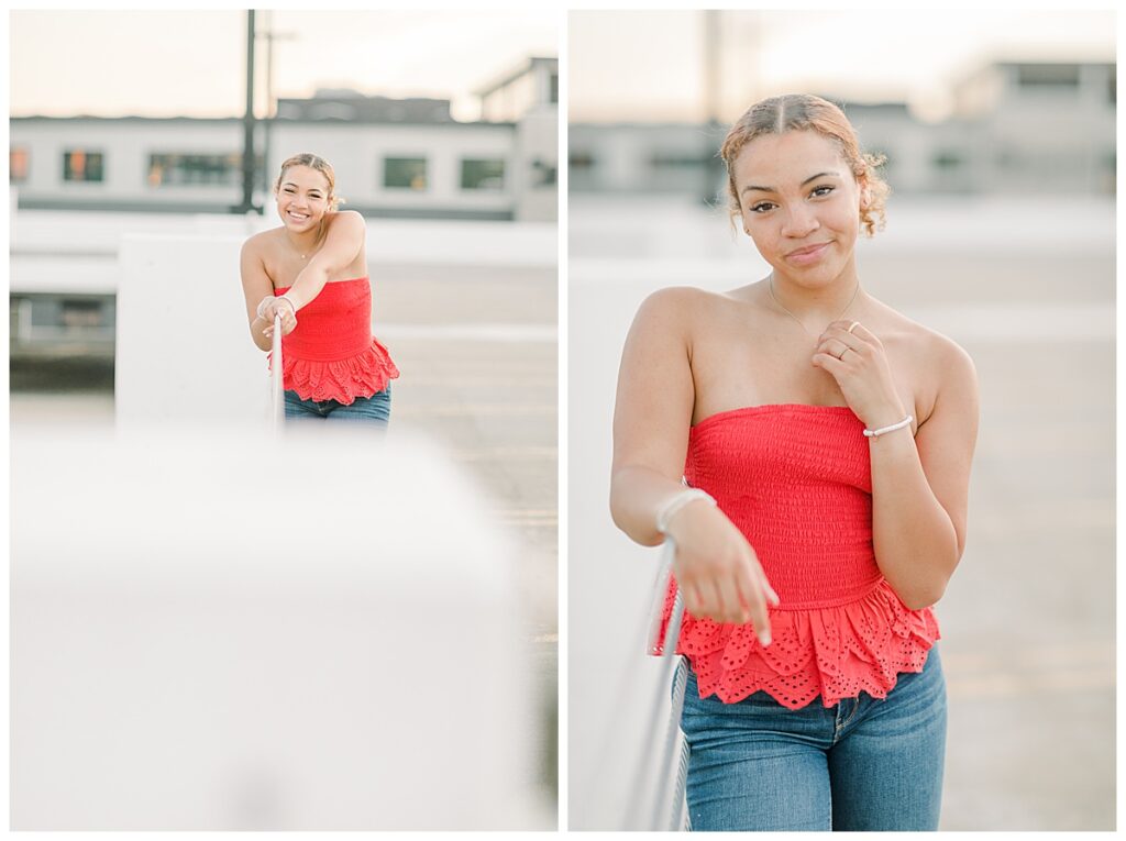Senior Photos in Downtown Eau Claire on a parking garage taken by Alisha Marie Photography 