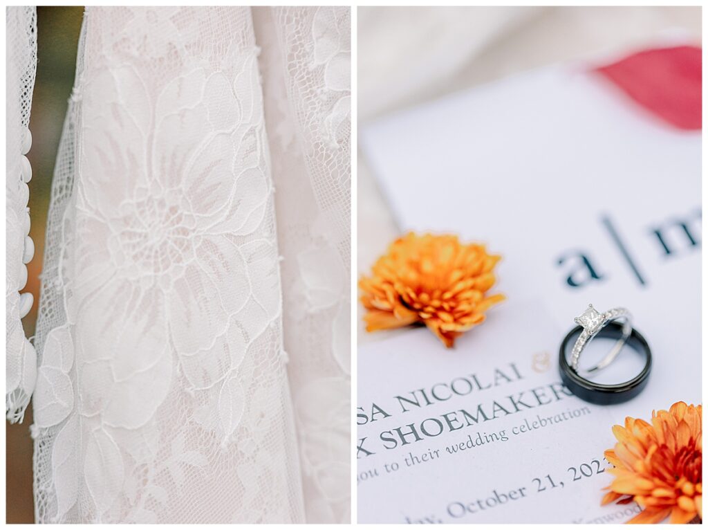 Lake Wissota Fall wedding photography taken by Alisha Marie Photography Detail Image of bride and groom's wedding invitation side by side photograph of the bride's lace sleeve