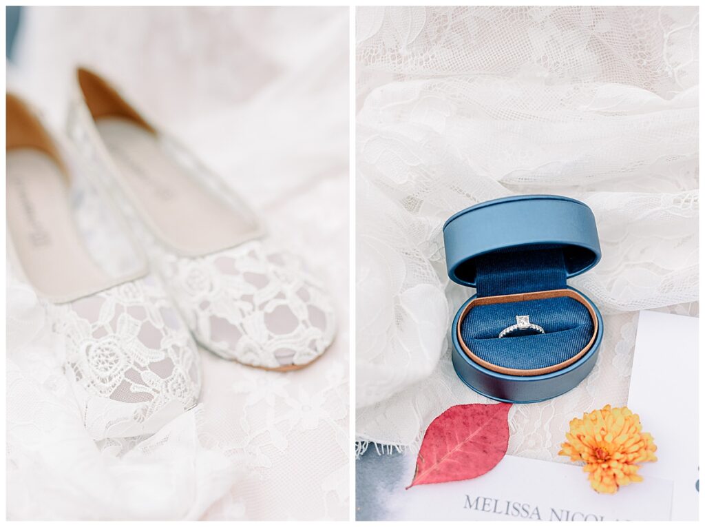 Lake Wissota Fall wedding photography taken by Alisha Marie Photography Detail Image of bride and groom's wedding invitation brides lace shoes and wedding ring sitting in a box