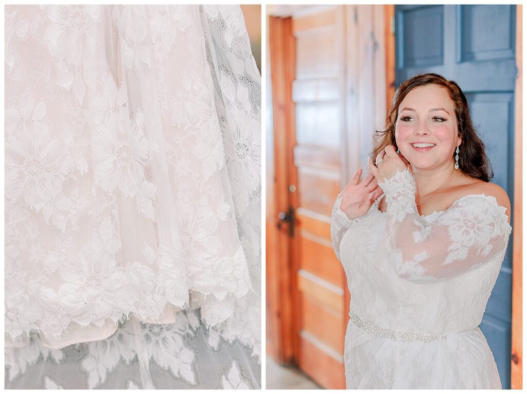 Lake Wissota Fall wedding photography taken by Alisha Marie Photography Detail Image of bride's lace dress side by side with image of bride putting gin her earrings