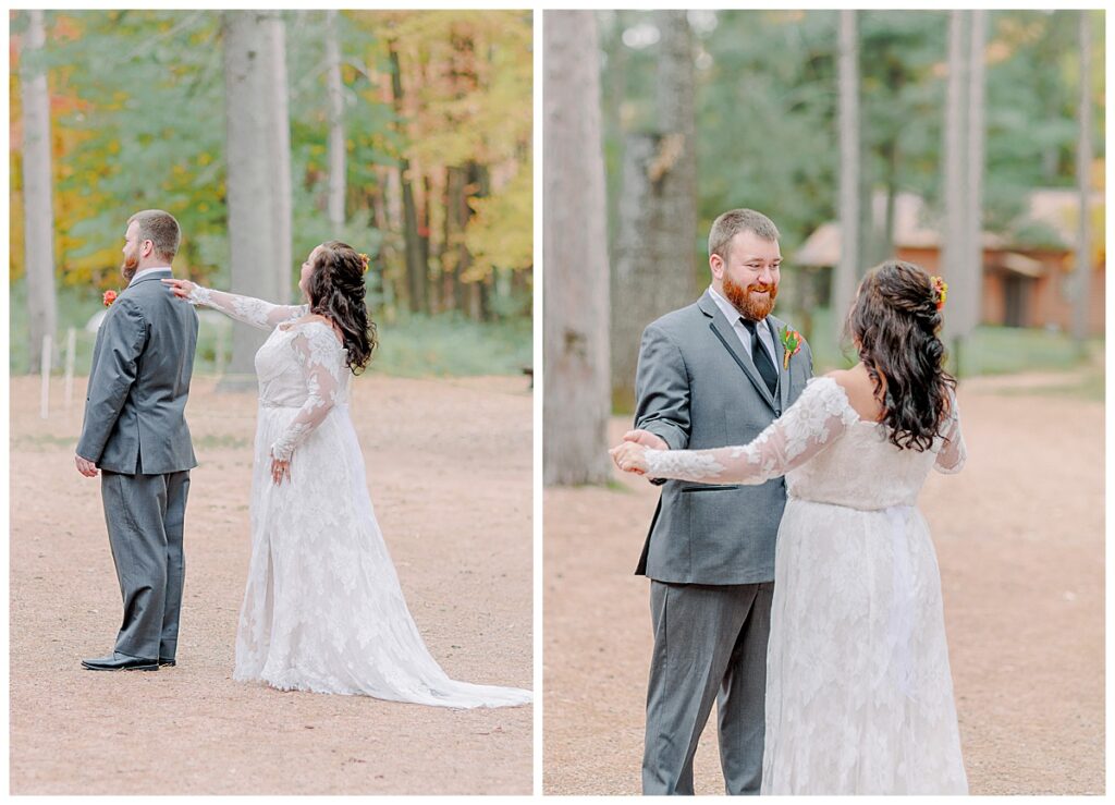 Lake Wissota Fall wedding photography taken by Alisha Marie Photography First Look on their wedding day, groom looks thrilled to see his gorgeous bride in her lace dress