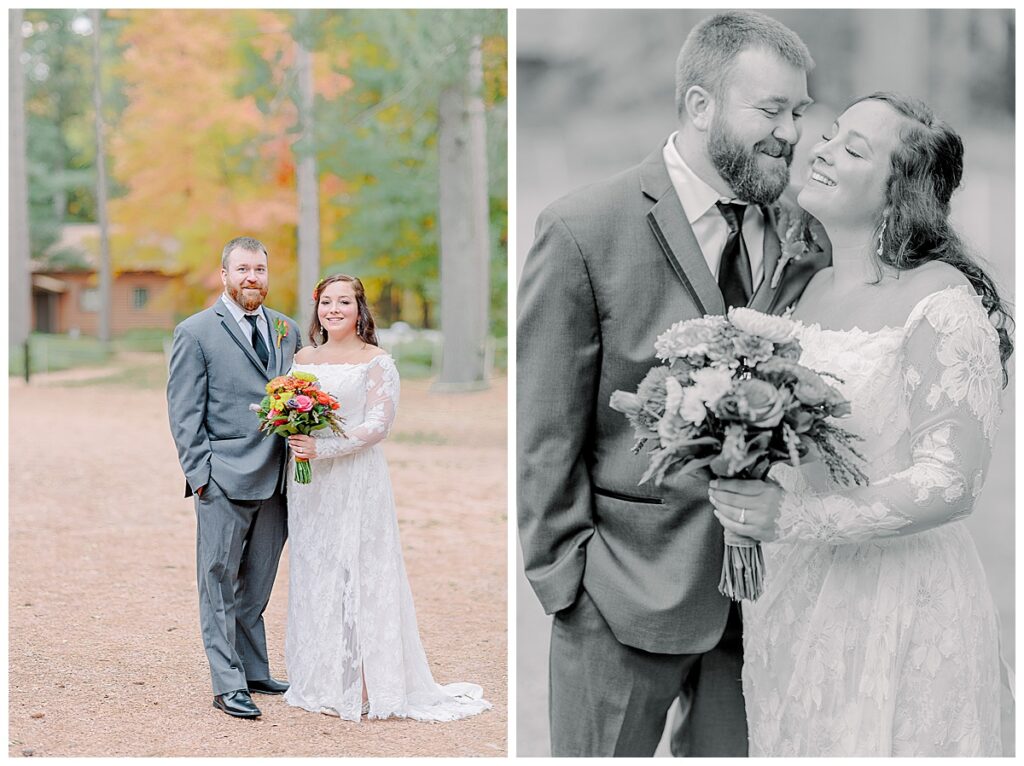 Lake Wissota Fall wedding photography taken by Alisha Marie Photography First Look on their wedding day, Groom in grey tux, bride in lace wedding dress with a gorgeous high slit and bright fall colored flowers