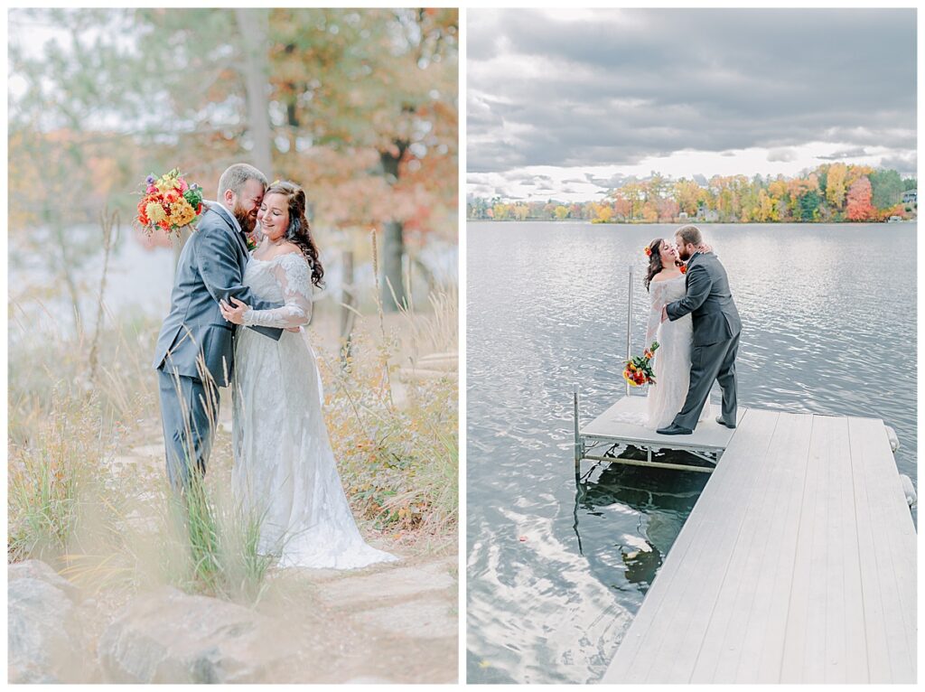 Lake Wissota Fall wedding photography taken by Alisha Marie Photography First Look on their wedding day, Groom in grey tux, bride in lace wedding dress with a gorgeous high slit and bright fall colored flowers Photo taken on dock by the lake