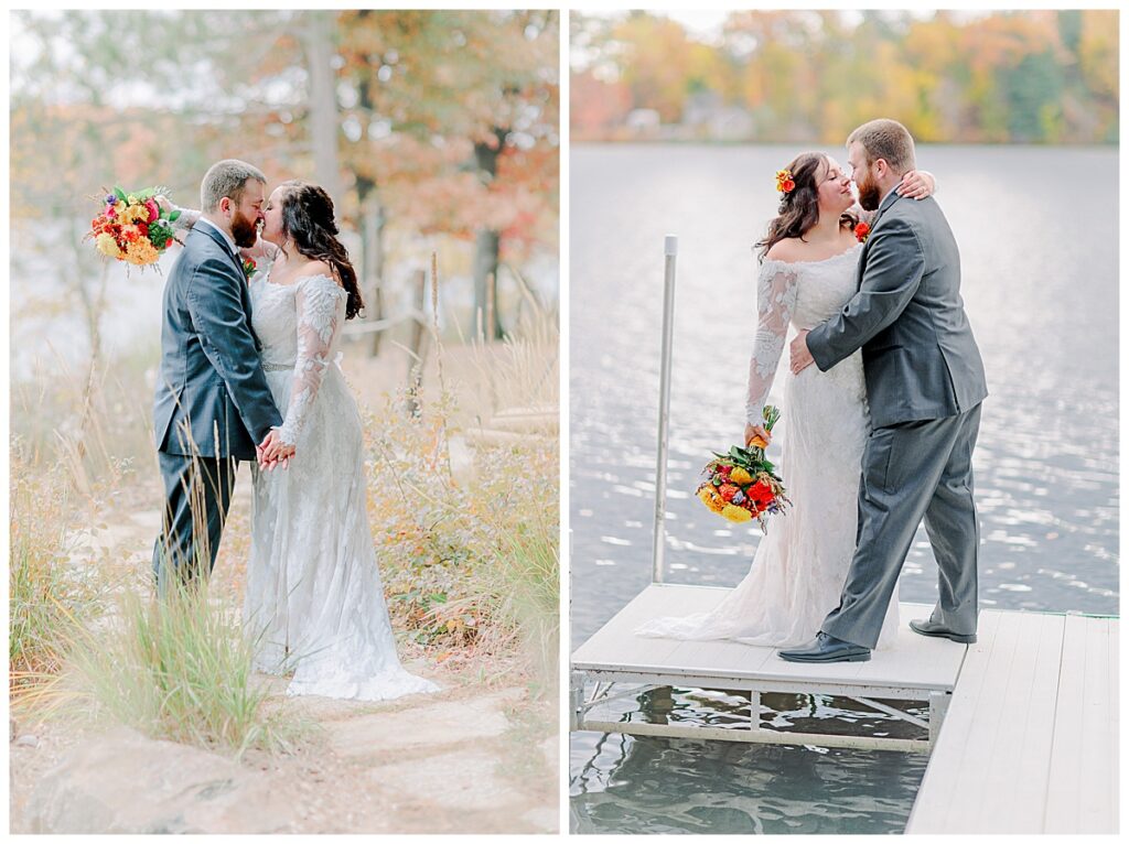 Lake Wissota Fall wedding photography taken by Alisha Marie Photography First Look on their wedding day, Groom in grey tux, bride in lace wedding dress with a gorgeous high slit and bright fall colored flowers