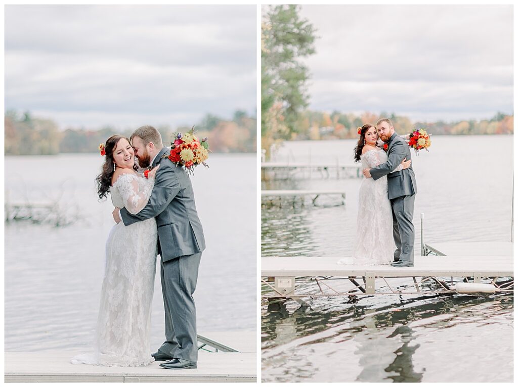 Lake Wissota Fall wedding photography taken by Alisha Marie Photography First Look on their wedding day, Groom in grey tux, bride in lace wedding dress with a gorgeous high slit and bright fall colored flowers photos taken on the dock by the lake in Wisconsin