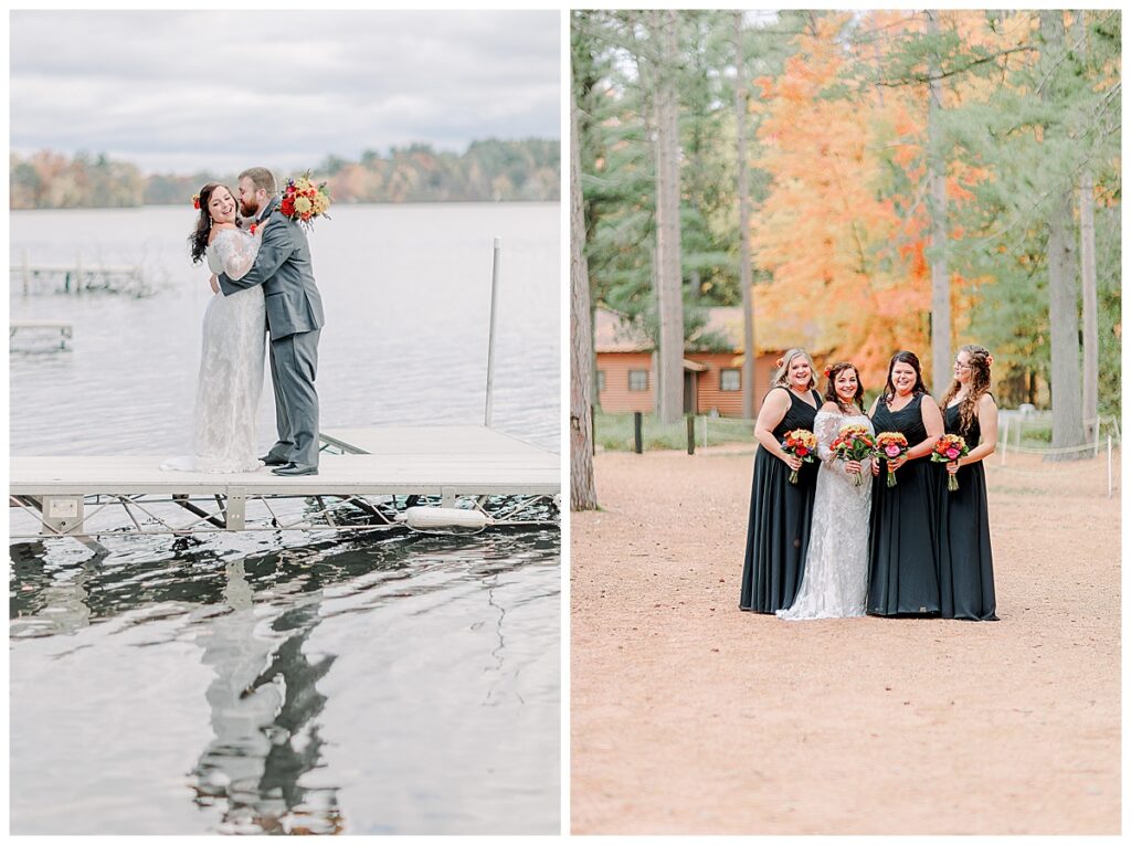 Lake Wissota Fall wedding photography taken by Alisha Marie Photography First Look on their wedding day, Groom in grey tux, bride in lace wedding dress with a gorgeous high slit and bright fall colored flowers photos taken on the dock by the lake in Wisconsin, side by side image of the ride with her bridesmaids dress in black gowns