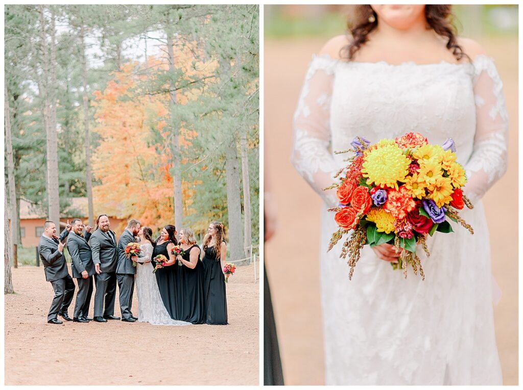 Lake Wissota Fall wedding photography taken by Alisha Marie Photography wedding day, bride with her bridesmaids dress in black gowns close of up fall flowers