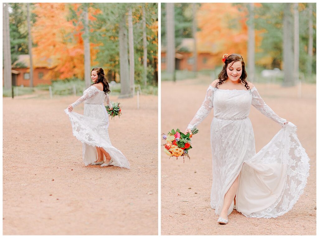 Lake Wissota Fall wedding photography taken by Alisha Marie Photography Detail Image of bride twirling around in her wedding dress