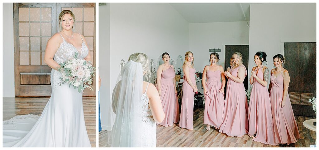 Lillydale Dance Hall getting ready suite. The bride does a first look with her wedding party and poses for a portrait
