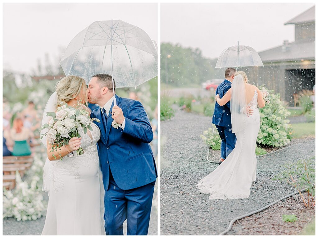 Rainy wedding day, bride and groom share a kiss under a clear umbrella, photo my Alisha Marie Photography, Eau Claire wedding photographer