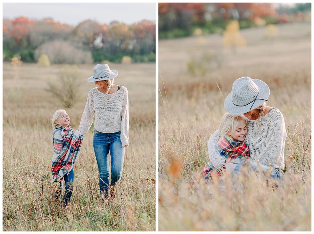 Mom and daughter family mini photo session in eau Claire wisconsin Two side by images, the first shows the mom and daughter walking naturally and holding hands in a field. Family Photos Eau Claire Eau Claire Family Photographers