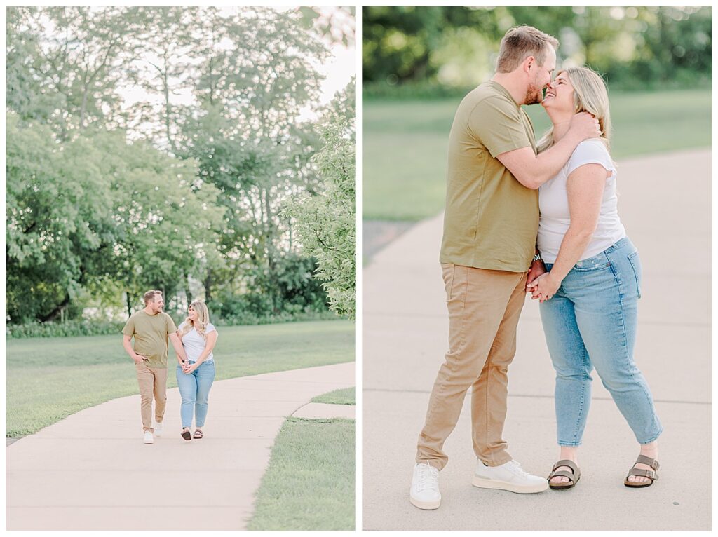 Side-by-side images of an engagement couple. The first image shows the couple walking down a sidewalk and laughing together in the sunshine. The second shows the man pulling his fiancé in for a romantic portrait kiss. They are posing with a prompt from their photographer, Alisha Marie Photography, outside of Minneapolis, Minnesota. The image is a bright and airy image and shows a perfect example of how to dress for engagement portraits. The groom wears brown pants and a t-shirt, the bride wears a white tee shirt and jeans  Alisha Marie Photography, outside of Minneapolis, Minnesota Image Taken By Eau Claire Wisconsin Wedding Photographer Family Photographer Senior Photographers