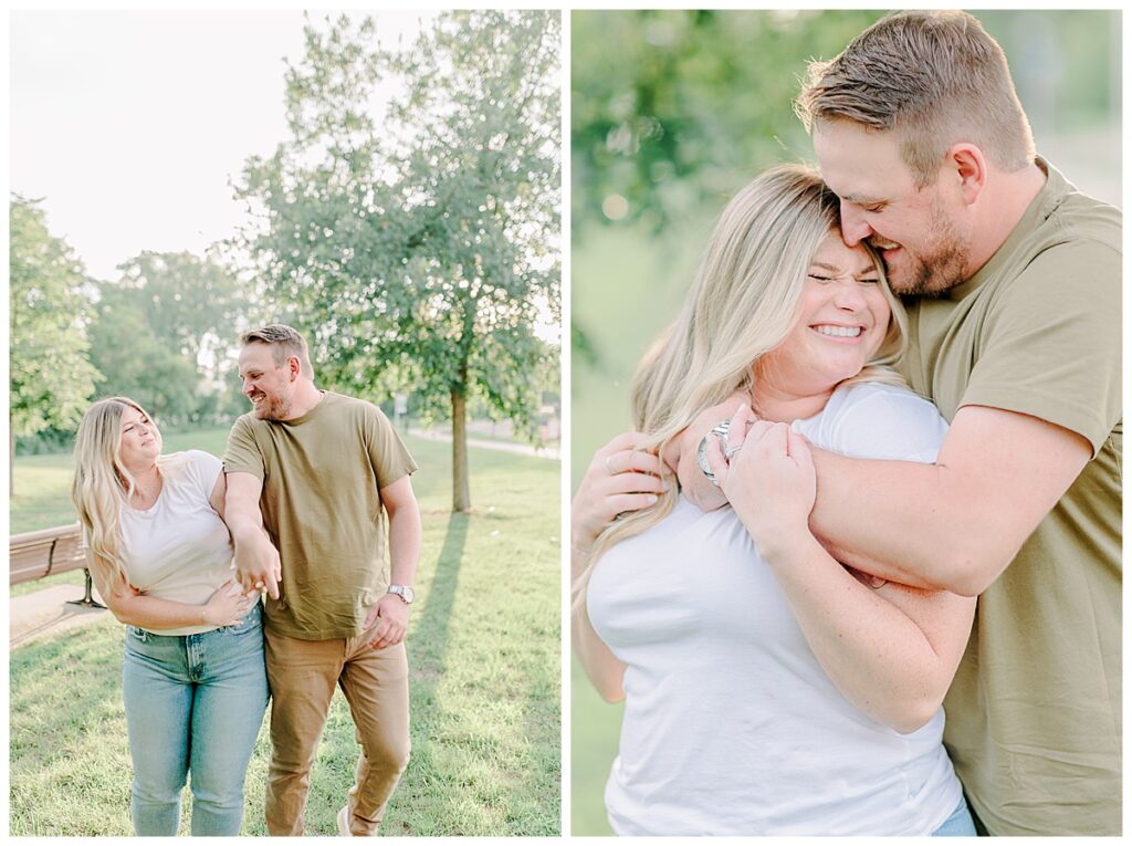 Side-by-side images of an engagement couple. The first image shows the couple walking together holding hands and laughing together in the sunshine. The second shows the man with his arms wrapped around his fiancé's shoulders. His pose is making her laugh in a very flattering way. They are posing with a prompt from their photographer, Alisha Marie Photography, outside of Minneapolis, Minnesota. The image is a bright and airy image and shows a perfect example of how to dress for engagement portraits. The groom wears brown pants and a t-shirt, the bride wears a white tee shirt and jeans  Alisha Marie Photography, outside of Minneapolis, Minnesota Image Taken By Eau Claire Wisconsin Wedding Photographer Family Photographer Senior Photographers
