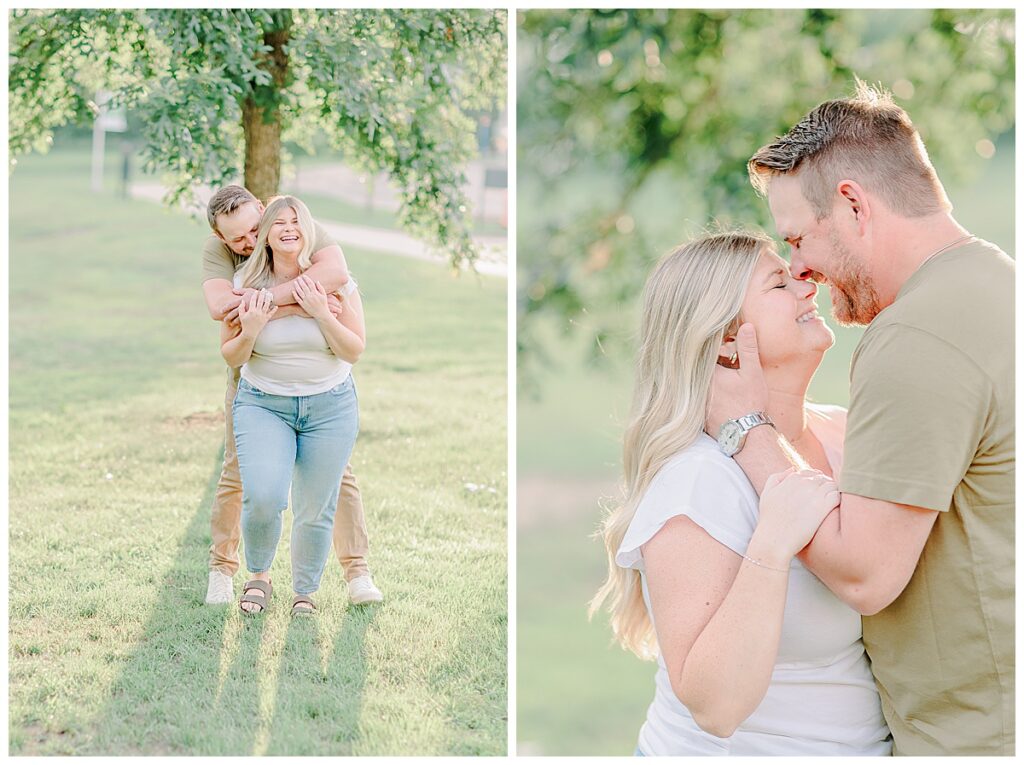 Side-by-side images of an engagement couple. The first image shows the man hugging his girlfriend from behind while they both laugh.. The second shows the groom holding the bride's face, coming in close for a kiss, they are laughing glad the photo feels very intimate.. They are posing with a prompt from their photographer, Alisha Marie Photography, outside of Minneapolis, Minnesota. The image is a bright and airy image and shows a perfect example of how to dress for engagement portraits. The groom wears brown pants and a t-shirt, the bride wears a white tee shirt and jeans  Alisha Marie Photography, outside of Minneapolis, Minnesota Image Taken By Eau Claire Wisconsin Wedding Photographer Family Photographer Senior Photographers