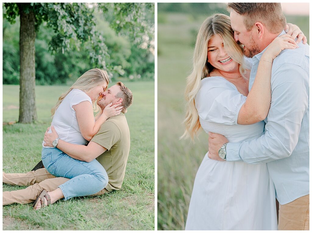 Side-by-side images of an engagement couple. The first image shows the woman on the man's lap. She is holding his face and leaning in for a steamy kiss. The second is in an open field, she is wearing a white eyelet dress and he is wearing a light blue dress shirt. They are posing with a prompt from their photographer, Alisha Marie Photography, outside of Minneapolis, Minnesota. The image is a bright and airy image and shows a perfect example of how to dress for engagement portraits. The groom wears brown pants and a t-shirt, the bride wears a white tee shirt and jeans