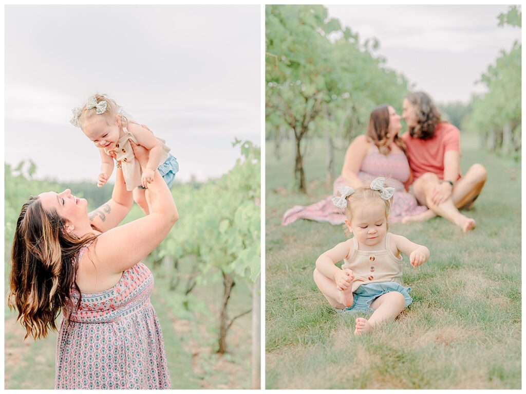 Eau Claire family mini session taken in Chippewa Falls at Riverbend Winery Mom dad and daughter portraits Mom laughs at baby while holding her up