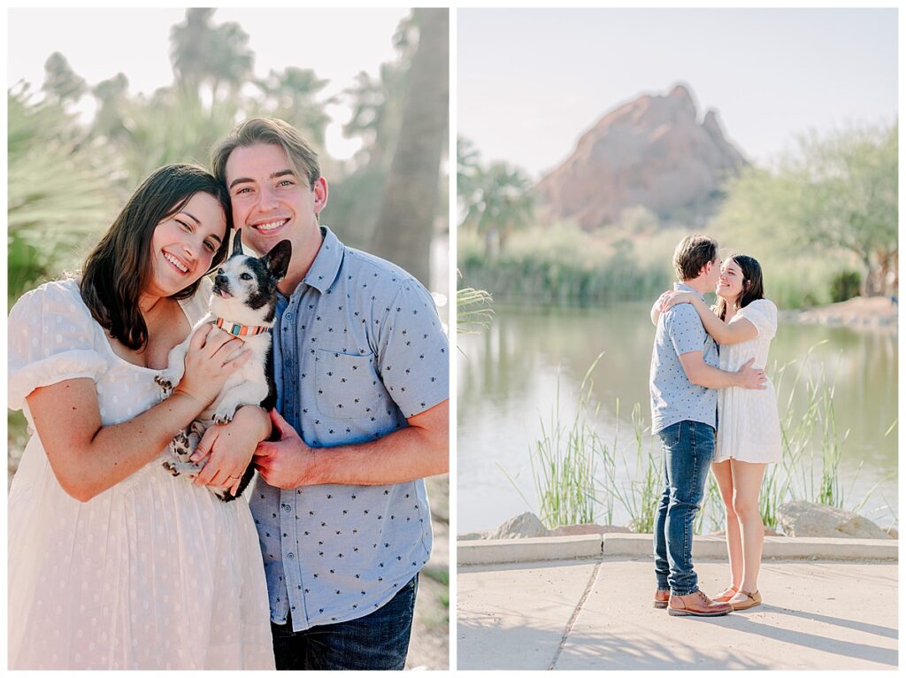 Papago Park Photography Session outside of Tempe Arizona mountain location in the background. Couple cuddles their sweet dog.