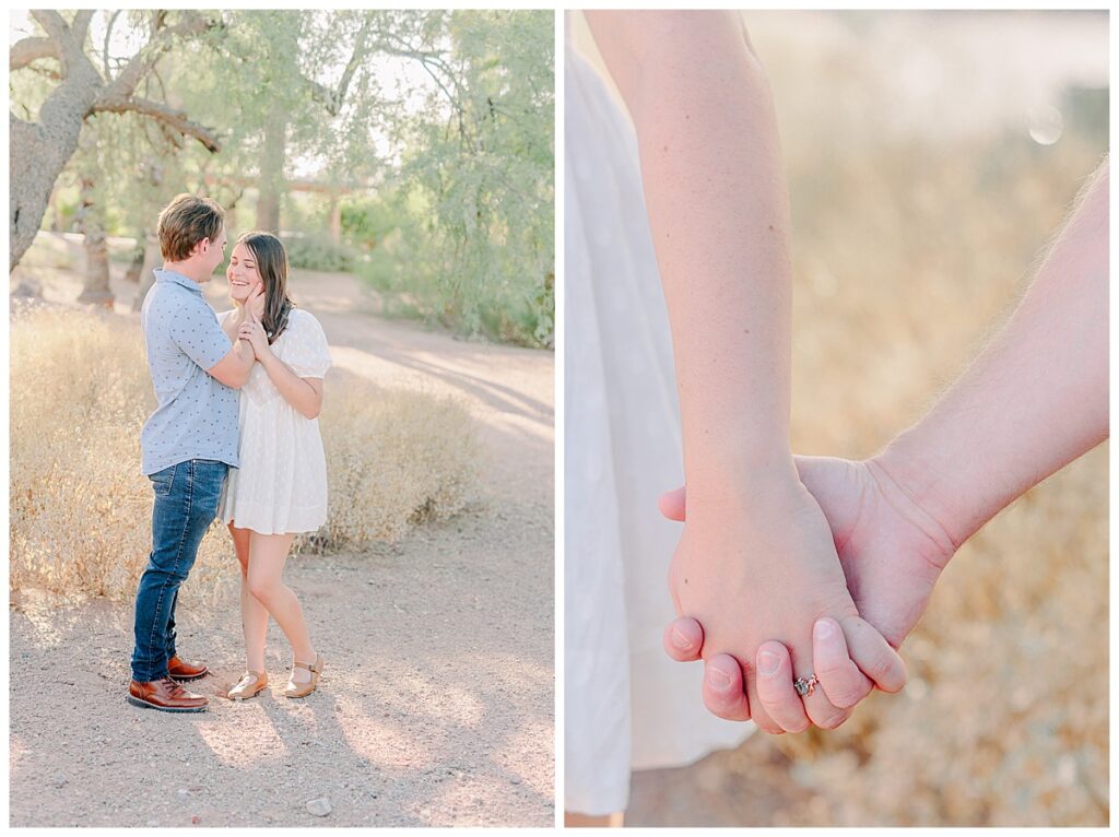 Couple holds hands in the desert for engagement photography. Arizona portrait photographer. Images taken outside of Tempe near Phoenix.
