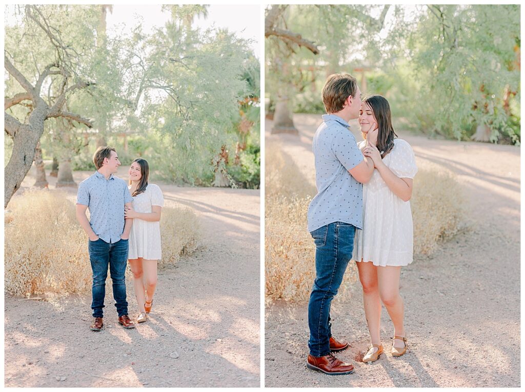 Destination photographer takes engagement photos of a couple in a white dress and blue shirt outside of Tempe AZ
