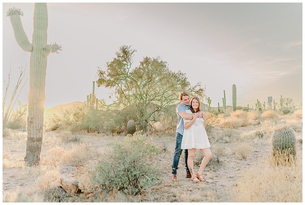 Beautiful engagement session locations in Tempe Arizona. Best locations for photos near Phoenix and Tempe include Papago Park and usery mountain regional park. Wisconsin based wedding photographer travels to Tempe for couple's engagement photos in the desert.