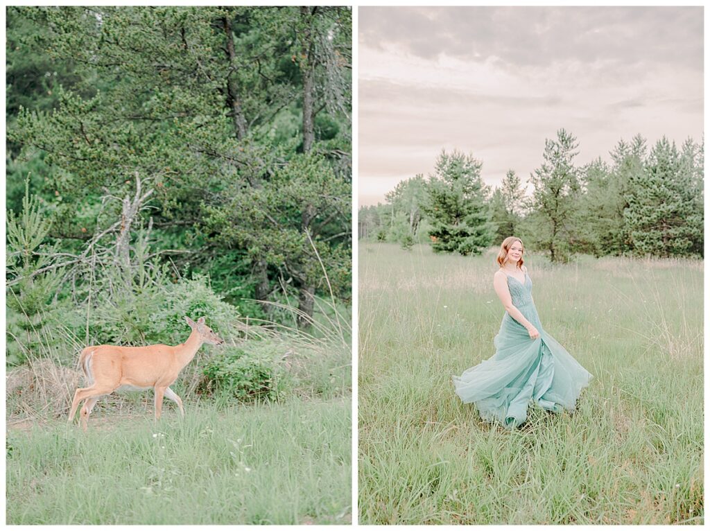 a deer next to a teen girl twirling in her prom dress in a field for her senior portraits. She wears her prom dress at Lake Wissota state park outside Chippewa falls Wisconsin
