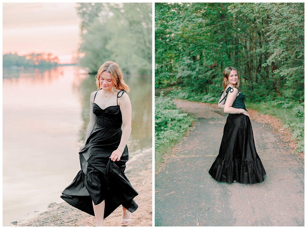 senior twirling in a black dress during her senior photos at lake wissota state park outside chippewa falls in wisconsin