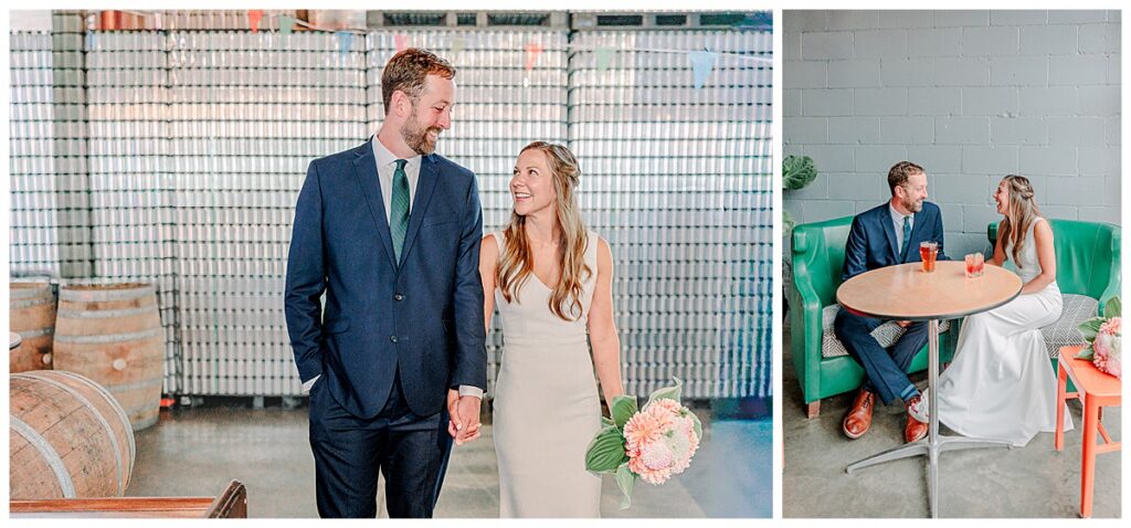 gorgeous unique indoor and light and airy portrait of a bride and groom at he brewing projekt in eau claire wisconsin