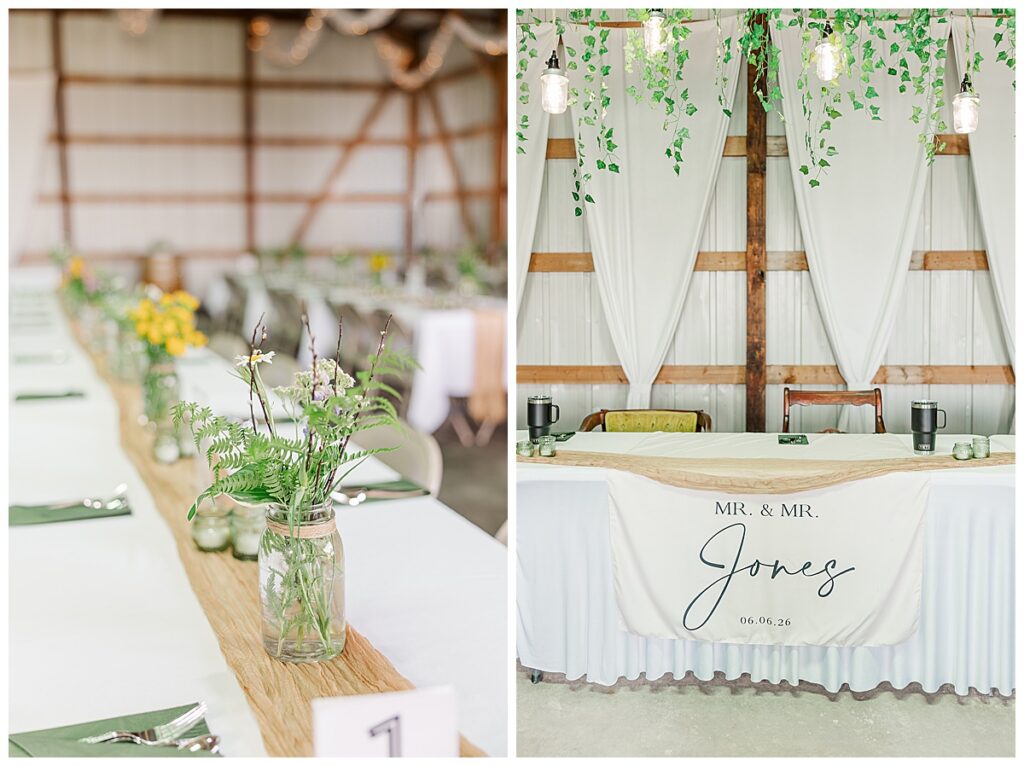 barn wedding decor near eau claire wisconsin | Photography by Alisha Marie Photography | Close up of table centerpieces and head table decor